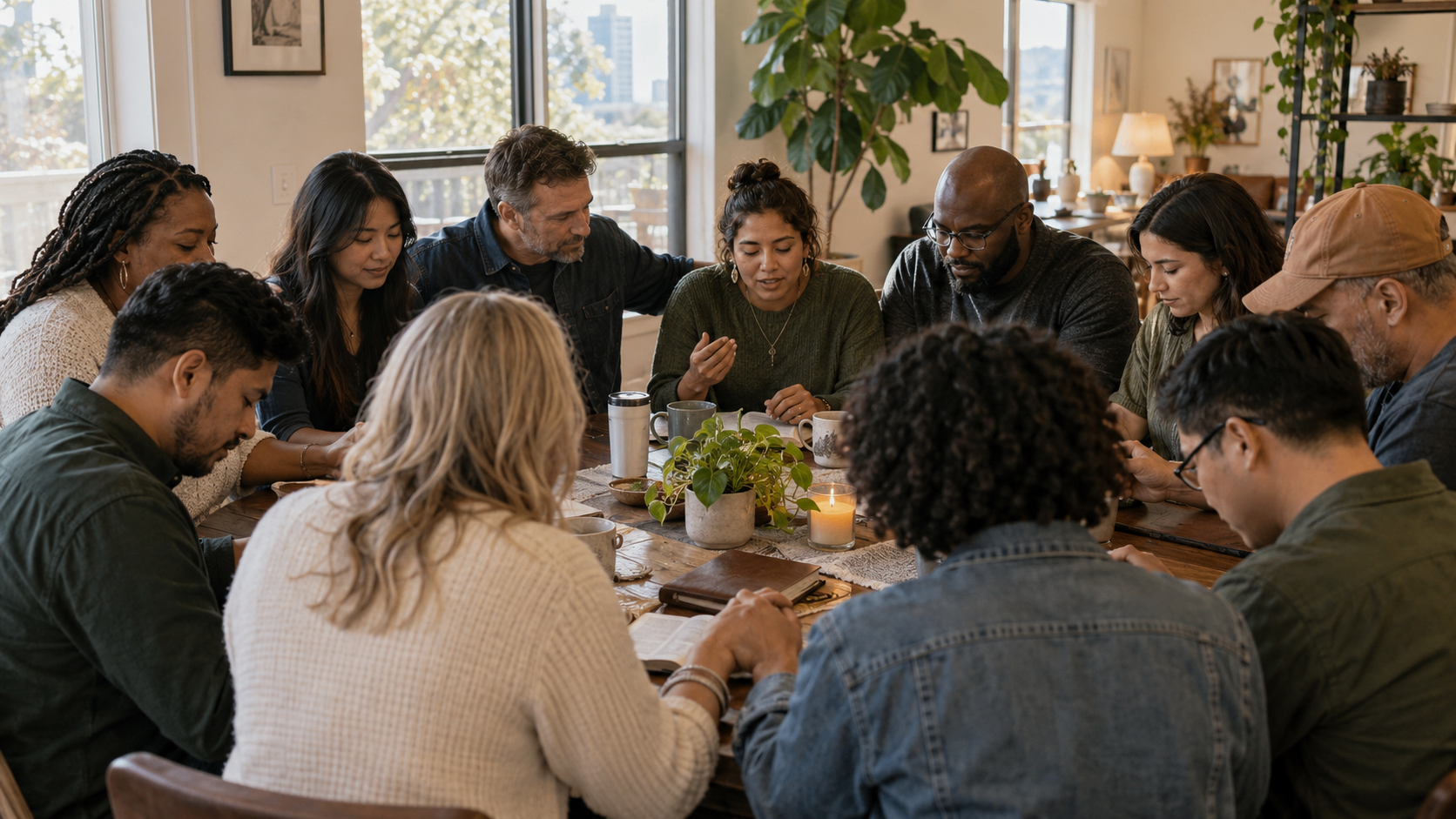 A diverse group of people gathered around a table, praying together.